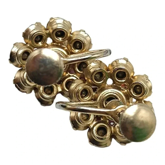 Pink Crystal Rhinestone Flower Earrings Spring Ring Closure Gold Tone Vintage - Picture 3 of 4